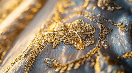 Custom wedding announcement close up featuring embroidered golden threads on fabric with soft beige tones, ideal for elegant design templates.