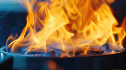 Fototapeta premium Close Up of Vibrant Yellow and Blue Flames on a Gas Stove Panel in a Kitchen Setting with Selective Focus and Space for Text Elements
