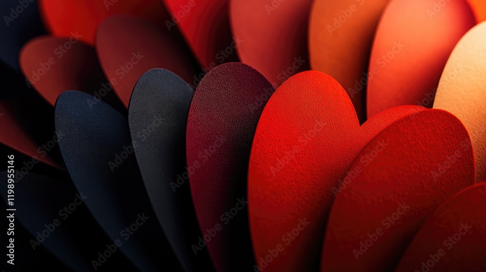 Aufkleber Red Heart Shapes in Various Shades of Crimson and Burgundy Arranged in Texture with Dark Background and Empty Space for Custom Text