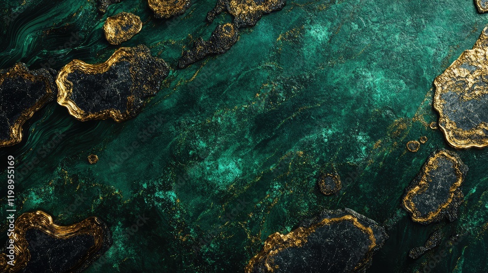 Poster Green bold granite stone texture with black and gold patterns on a dark emerald background, featuring ample empty copy space for text.