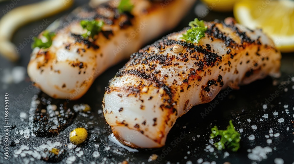 Poster Grilled squid with black salt and fresh herbs on a dark slate background with empty space for text in a high-resolution close-up shot.