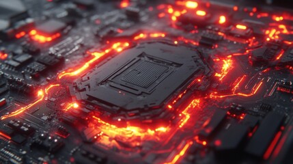 Obraz premium Futuristic Circuit Board with Glowing Red Elements and Dark Background