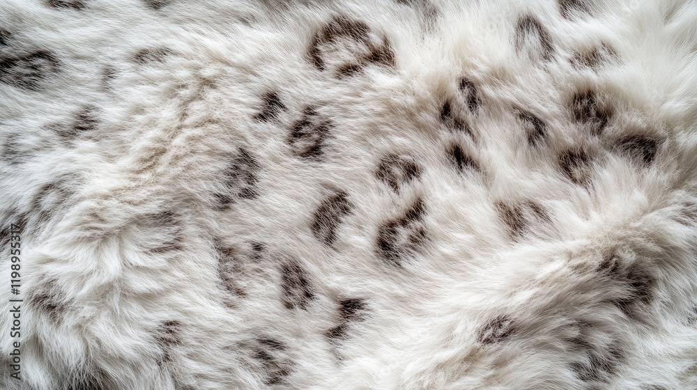 Poster close up of soft white snow leopard fur texture featuring dark spots with neutral background space i
