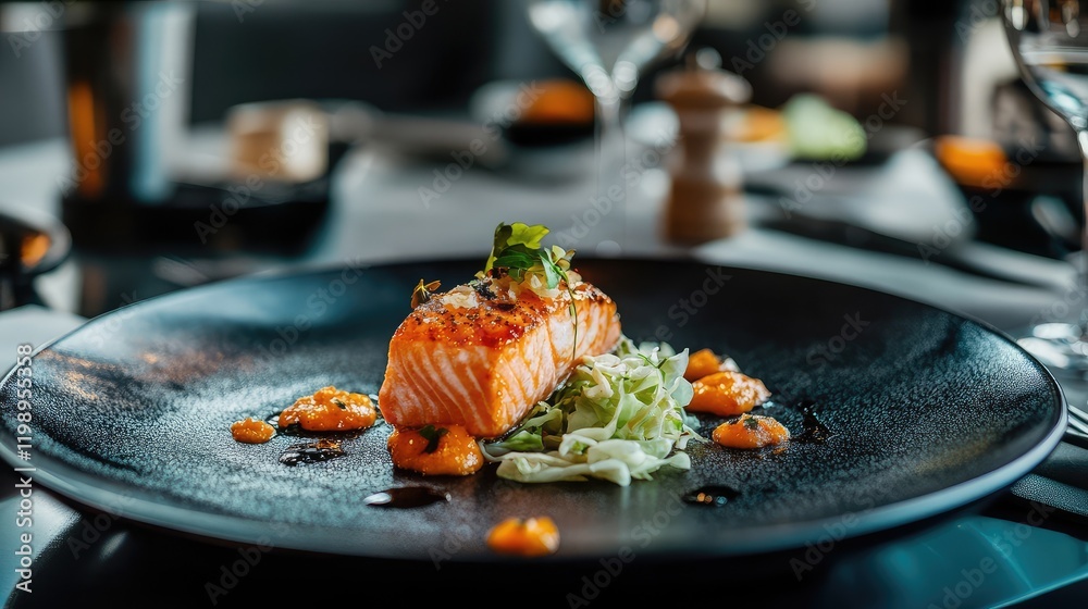 Poster Close up view of fresh salmon filet drizzled with sauce on a black plate with sliced cabbage garnished with herbs in a modern restaurant setting
