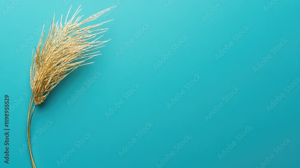 Poster Golden Dandelion Seed Against Teal Blue Background with Empty Space for Text and Soft Lighting in Studio Setting