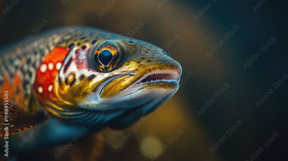 Poster Close up photograph of a vibrant Brook Trout exhibiting intricate patterns and hues of orange, blue, and gold in a serene underwater setting with soft focus background.