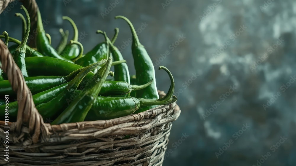 Poster Close up of fresh green chili peppers in a rustic wicker basket on a textured dark background with ample copy space for text