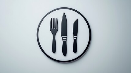 A distinct circular logo that integrates a chefs knife and fork in a modern style, perfect for appealing to food enthusiasts. The composition is meticulously balanced, with a light and airy