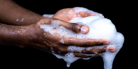 Fototapeta premium Hands holding soapy foam, symbolizing cleanliness and hygiene.