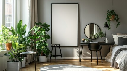 Cozy Modern Room with Plants, Desk, and Minimalist Decor Elements