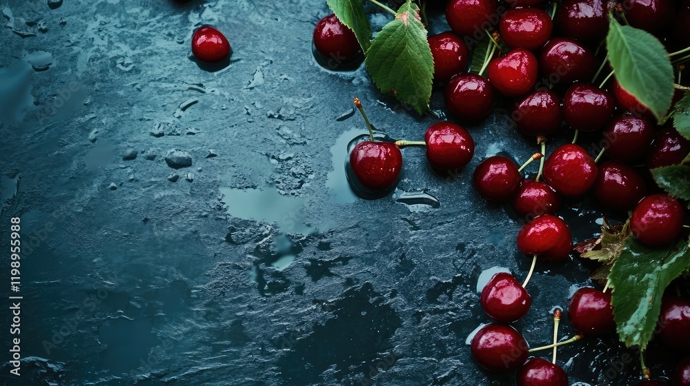 Poster freshly harvested cherries on dark surface with space for text or design elements.