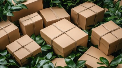 Gift Boxes Surrounded by Green Leaves on a Soft Natural Background