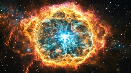 Fototapeta premium Vibrant Cosmic Nebula with Fiery Orange and Deep Blue Tones in Outer Space Illuminating the Galactic Background Ideal for Inspirational Text Copy Space