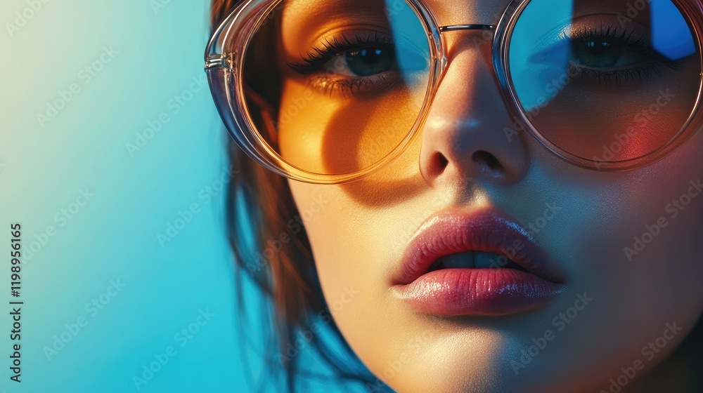 Poster close up portrait of a woman with tinted round glasses and glossy lips against a vibrant blue and or