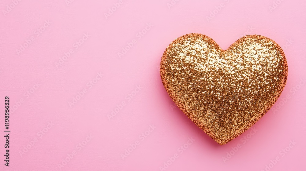 Poster Close-up of shimmering golden glitter heart on soft pink background ideal for Valentine's Day postcard design with ample empty space for text.
