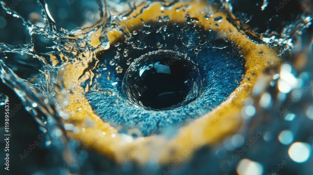 Poster close-up of water splashing around circular orange and blue object with dark center and copy space f