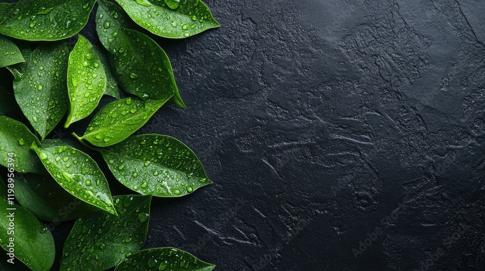 Poster close up of fresh green leaves with dew on dark textured background and blank space for copy on the 