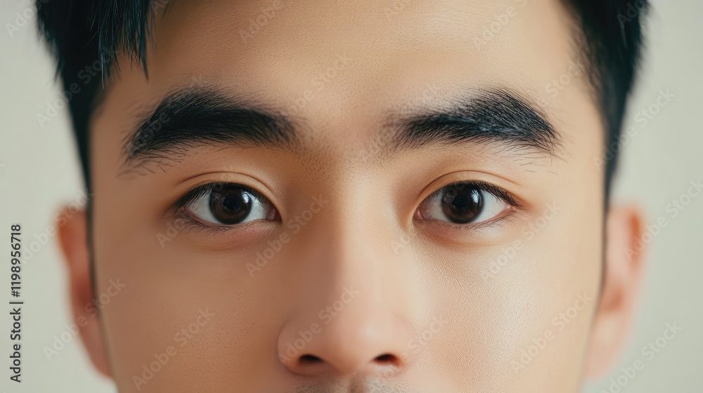 Poster close-up portrait of a young man with sleek black hair and expressive brown eyes against a soft neut