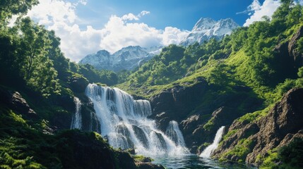 Fototapeta premium Waterfall cascading down rocky terrain surrounded by vibrant greenery and majestic mountains under a bright sky with fluffy clouds Copy Space