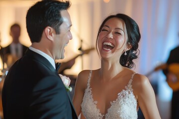 Naklejka premium Joyful wedding celebration of bride and groom laughing together at reception venue surrounded by friends and family in a delightful atmosphere captured in a candid shot