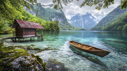 Mountain lake cabin, boat, tranquil scene, travel postcard