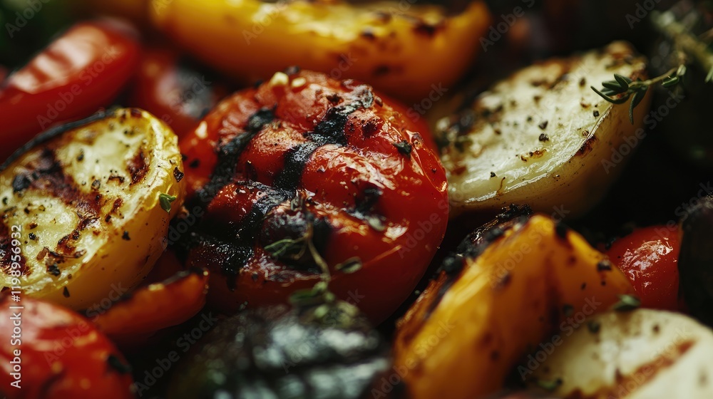 Aufkleber Close up of colorful grilled vegetables including red tomatoes and yellow squash on a dark background with empty space for text