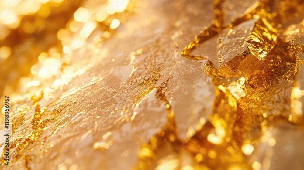 Poster close-up of reflective golden mineral texture with sparkling facets and natural patterns ideal for b