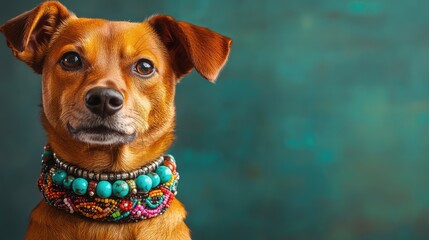 Close up of a cute brown rescue dog with a colorful beaded collar against a textured turquoise background with copy space for text