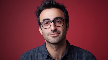 Obraz premium Digital marketer against a red backdrop, focused expression, wearing glasses, framed closely for potential text overlay.