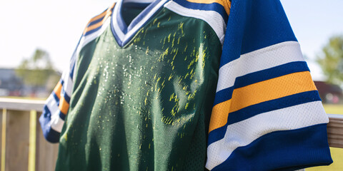 Sweaty Green and Blue Sports Jersey. Close-up shot of a damp, green sports jersey with blue and gold stripes, showing sweat stains and the texture of the fabric.