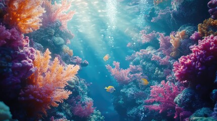 Naklejka premium Close up view of colorful coral reef with diverse marine life under sunlight in clear blue water featuring ample copy space for text