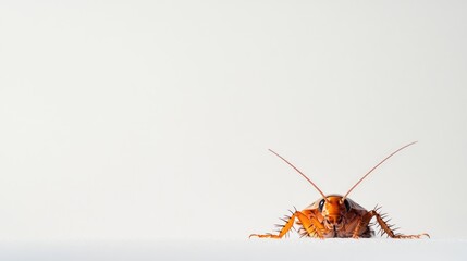 Close-up view of a brown cockroach on a bright white background with ample negative space for text overlaying or design elements