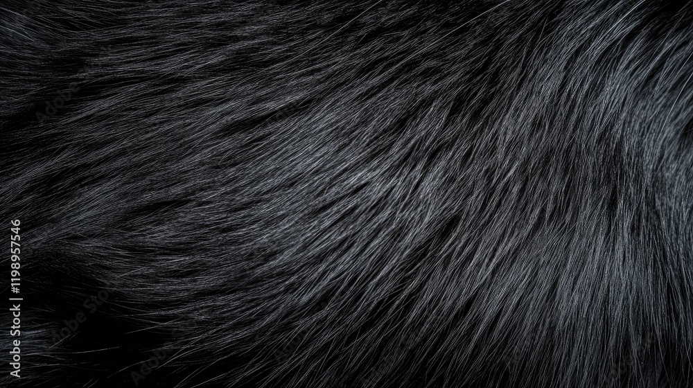 Aufkleber Close up view of dark glossy black cat fur texture showcasing vibrant strands with soft highlighted accents ideal for design compositions.