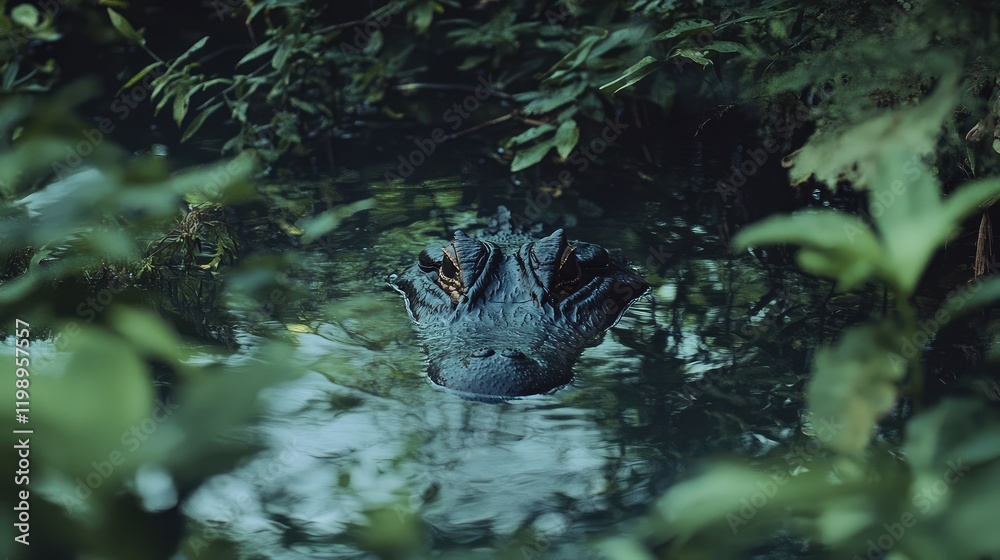 Poster serene close-up of an alligator's gaze partially submerged in tranquil waters surrounded by lush gre