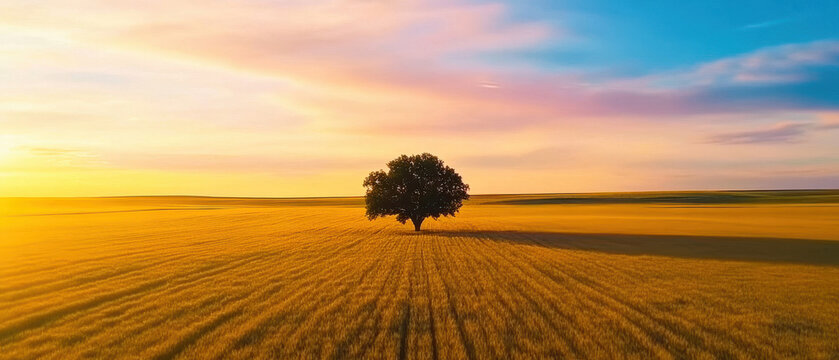 dramatic shot of lone tree in vast golden wheat field at sunset