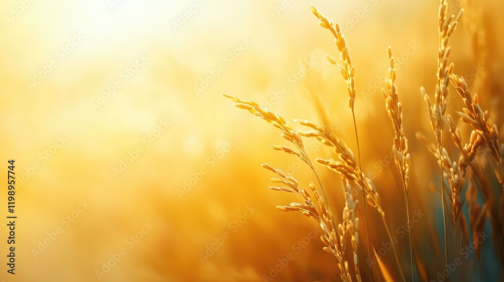Aufkleber golden rice grains close up in a sunlit field with soft bokeh effect and vibrant warm hues, ideal fo