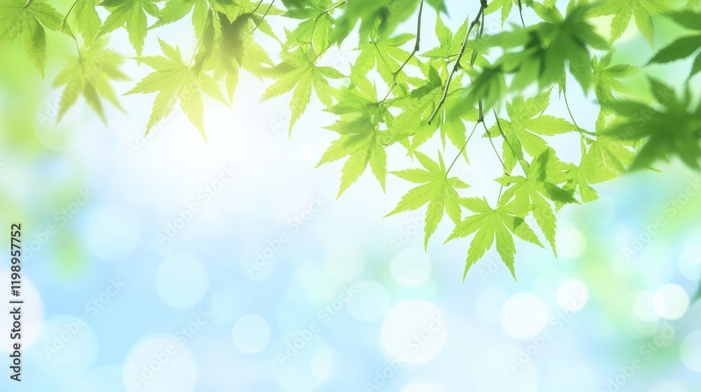 Aufkleber Green maple leaves in close-up against a blurred blue sky background on a sunny day with ample empty copy space for text