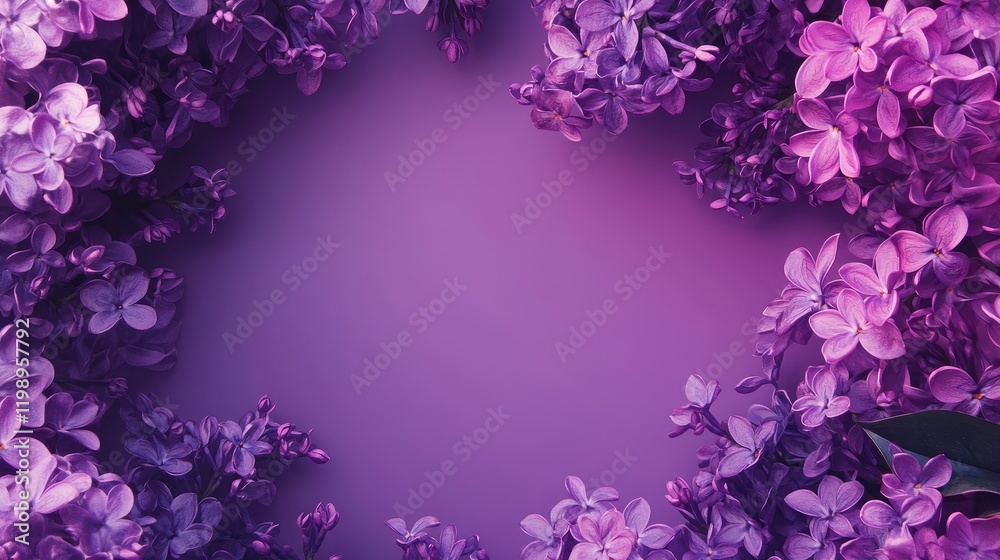 Poster Vibrant close up of blooming purple lilac flowers framing an empty soft violet background with space for text or design elements