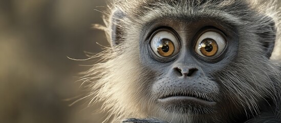 Fototapeta premium Close-up of a Nepalese monkey with expressive eyes and large nose, displaying brown and grey fur against a blurred natural background, space for text.