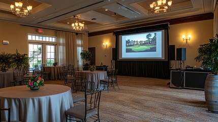 Elegant conference room with a large screen, set up for a business event with modern decor and a professional setup