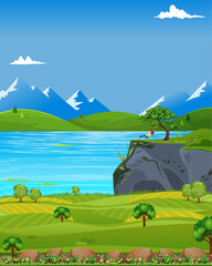Fototapeta premium landscape with mountains and sky & a girl swinging