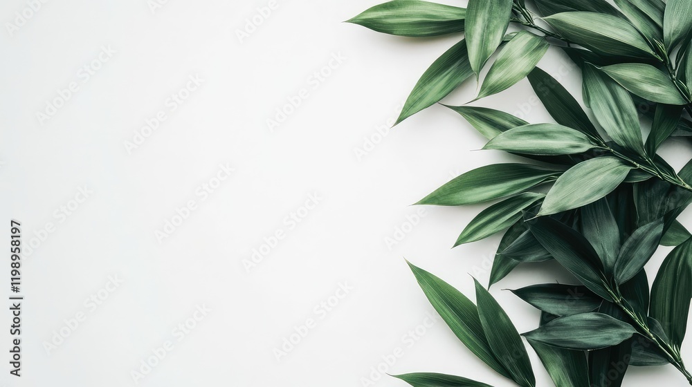 Poster Close up of vibrant green bamboo leaves arranged on a white background with ample negative space for text placement.