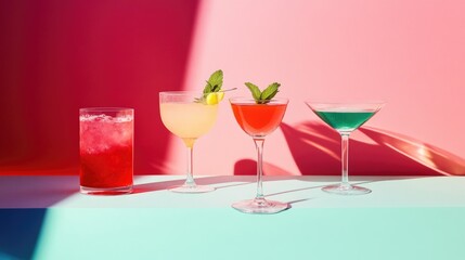 Four colorful cocktails in elegant glassware against a pink and turquoise background with ample Copy Space for text.