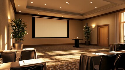 Elegant conference room with a large screen, set up for a business event with modern decor and a professional setup