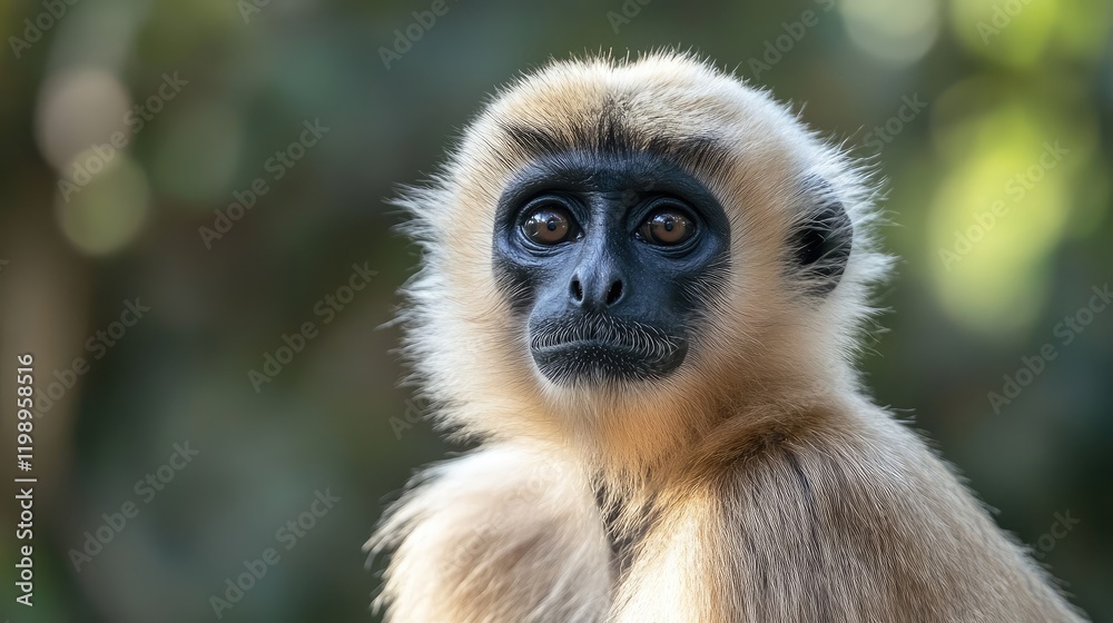 Poster close up portrait of an indian monkey showcasing detailed facial features with soft beige fur and da