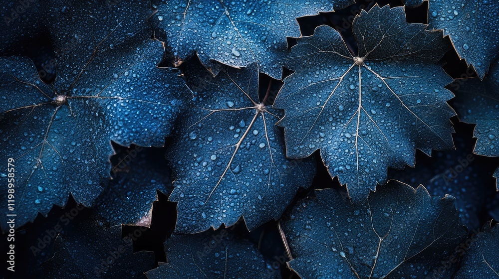 Poster Close up of blue grape leaves covered in water droplets with dark background and ample empty space for text or design elements.