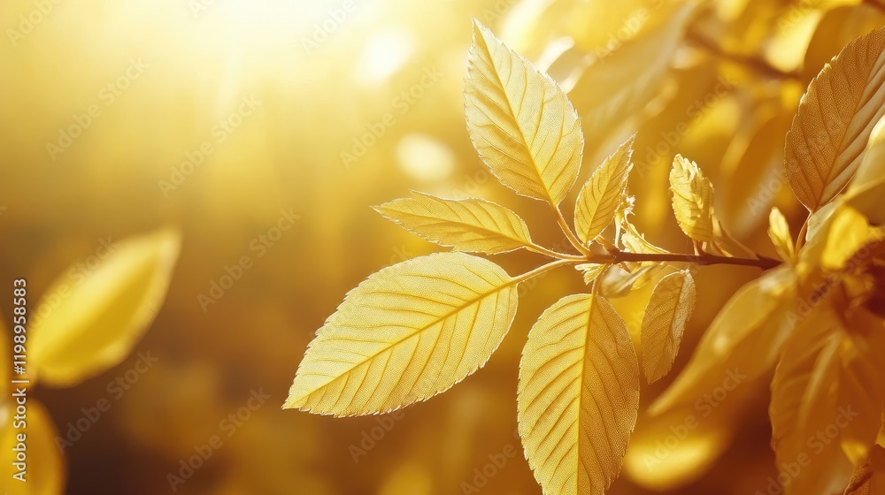 Aufkleber Golden autumn foliage illuminated by sunlight with a soft bokeh background showcasing vibrant yellow leaves and ample empty space for text overlay.