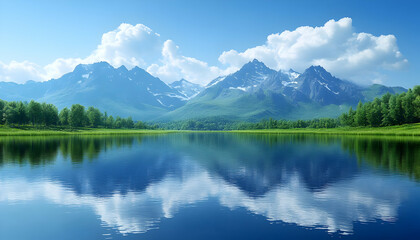 Fototapeta premium Mountain lake reflection, summer serenity