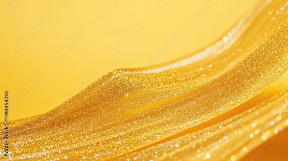 Poster Close up of shimmering golden glitter streamer flowing gracefully on vibrant yellow background with ample empty space for creative text placement