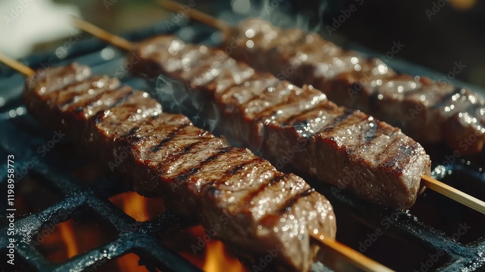 Poster close up of grilled wagyu beef skewers with smoky grill marks on a barbecue, featuring rich brown to